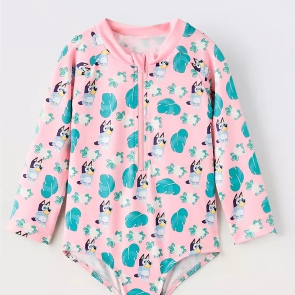 Zara Pink Kids Rashguard with Leaf and Bluey Print